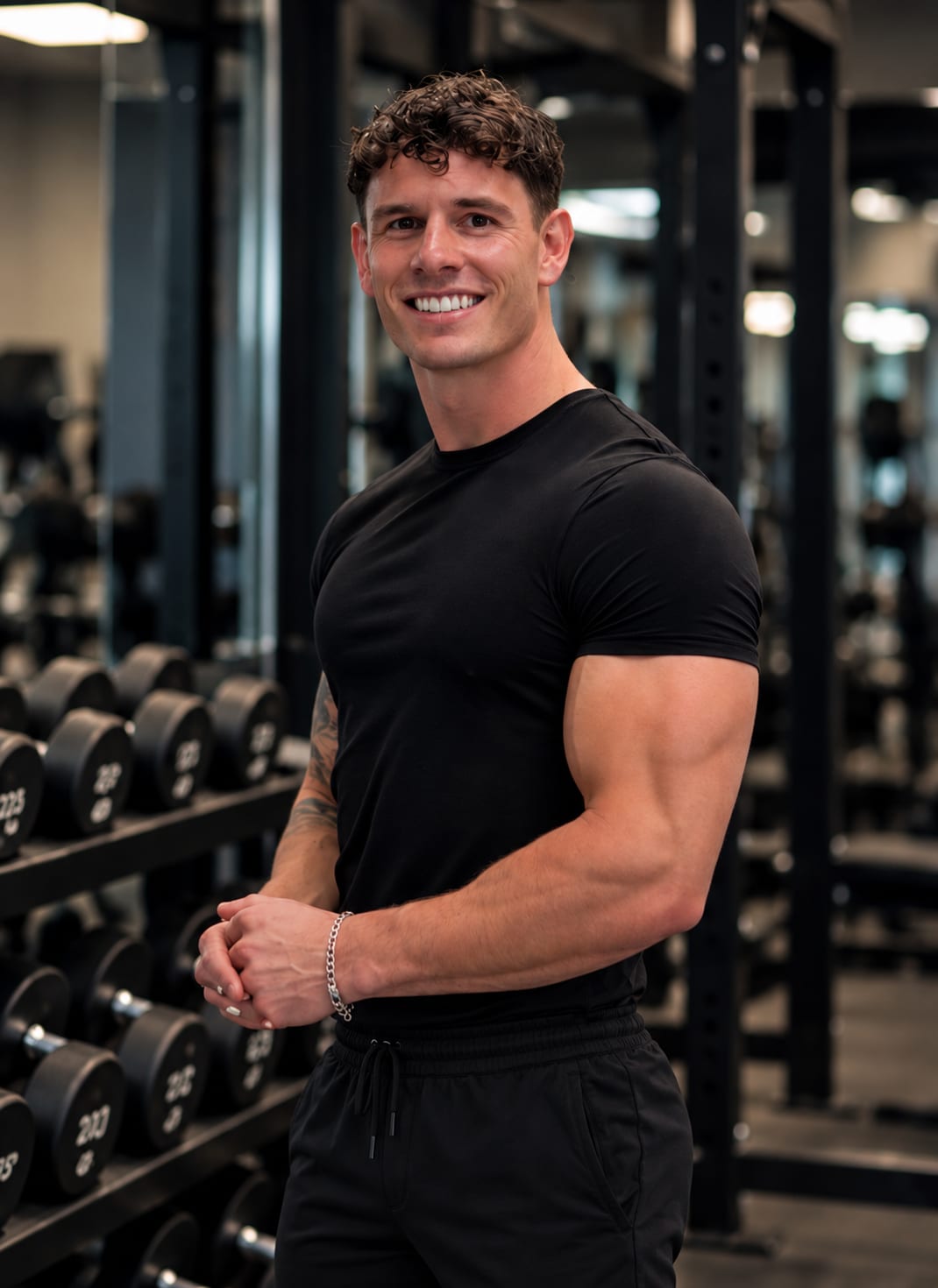 Luke Hayes smiling in a black T-shirt in the gym, with racks of dumbbells behind him
