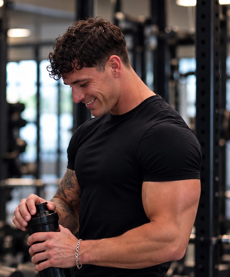 Luke smiling down at a shaker bottle in the gym